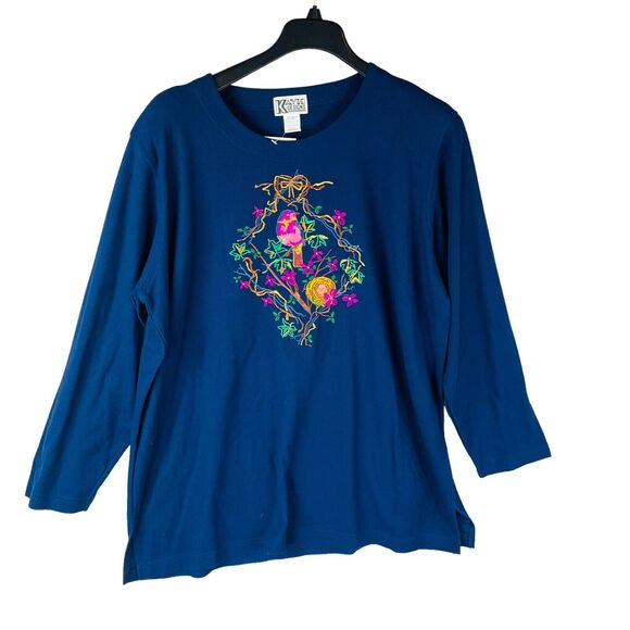 Kavio Designs Womans 2X Plus Blouse Embroidered Birds Blue Top Long Sleeve VTG - Picture 1 of 9
